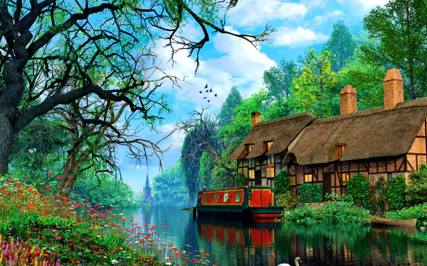 A serene scene featuring a thatched roof house beside a canal, surrounded by lush trees and vibrant flowers, with a graceful swan gliding on the water, reflecting the picturesque landscape.