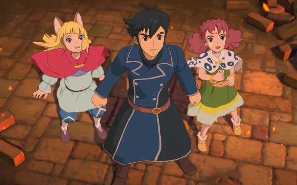 Three animated characters from Ni no Kuni II: Revenant Kingdom, featured in HD desktop wallpaper with a brick background.