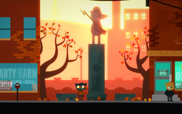 HD wallpaper depicting a colorful scene from the game Night in the Woods, featuring autumn vibes and character silhouettes.