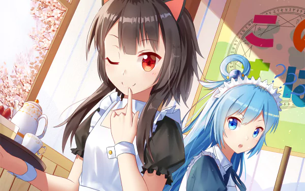 Anime characters Aqua and another character from KonoSuba in maid outfits inside a cafe, serving tea. The vibrant, HD desktop wallpaper shows a detailed, colorful background and cherry blossoms outside.