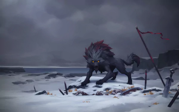 HD Northgard-themed wallpaper featuring a fierce wolf creature on a snowy battlefield with weapons.