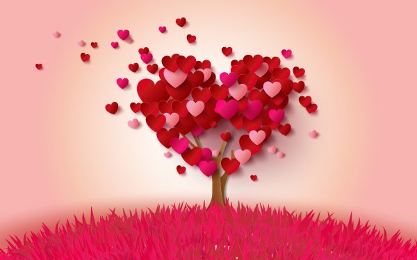 Artistic Tree Heart Pink Red Grass HD Wallpaper | Background Image