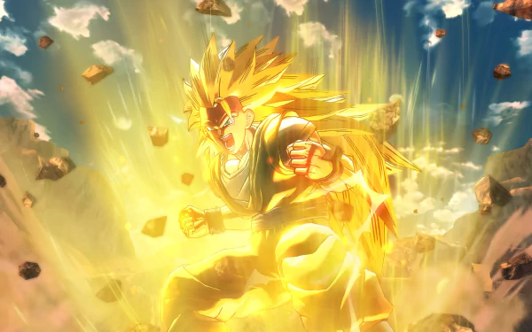 HD desktop wallpaper featuring a dynamic scene from Dragon Ball Xenoverse 2. A powerful Super Saiyan stands amidst a glowing yellow aura and floating debris with a blue sky background.