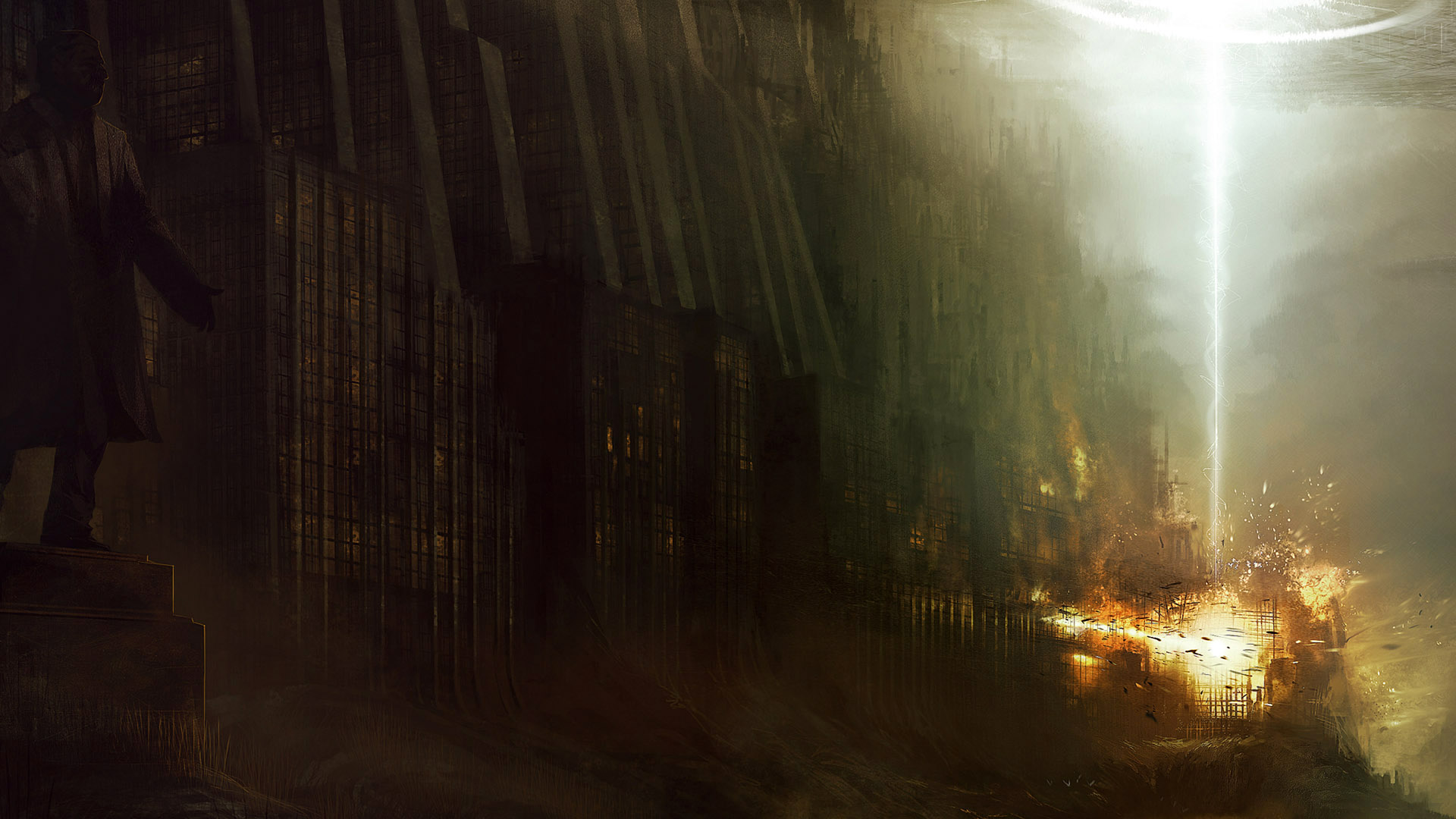 CGI desktop wallpaper showcasing a city landscape devastated by destruction, featuring a statue.