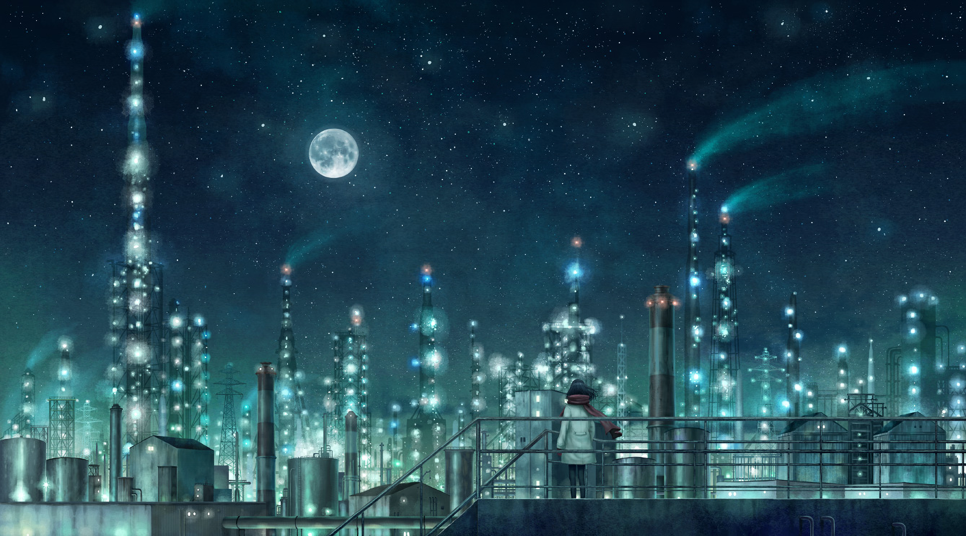 An original anime HD desktop wallpaper showing a person standing on a rooftop, gazing at a futuristic, illuminated cityscape under a beautiful night sky with a full moon.
