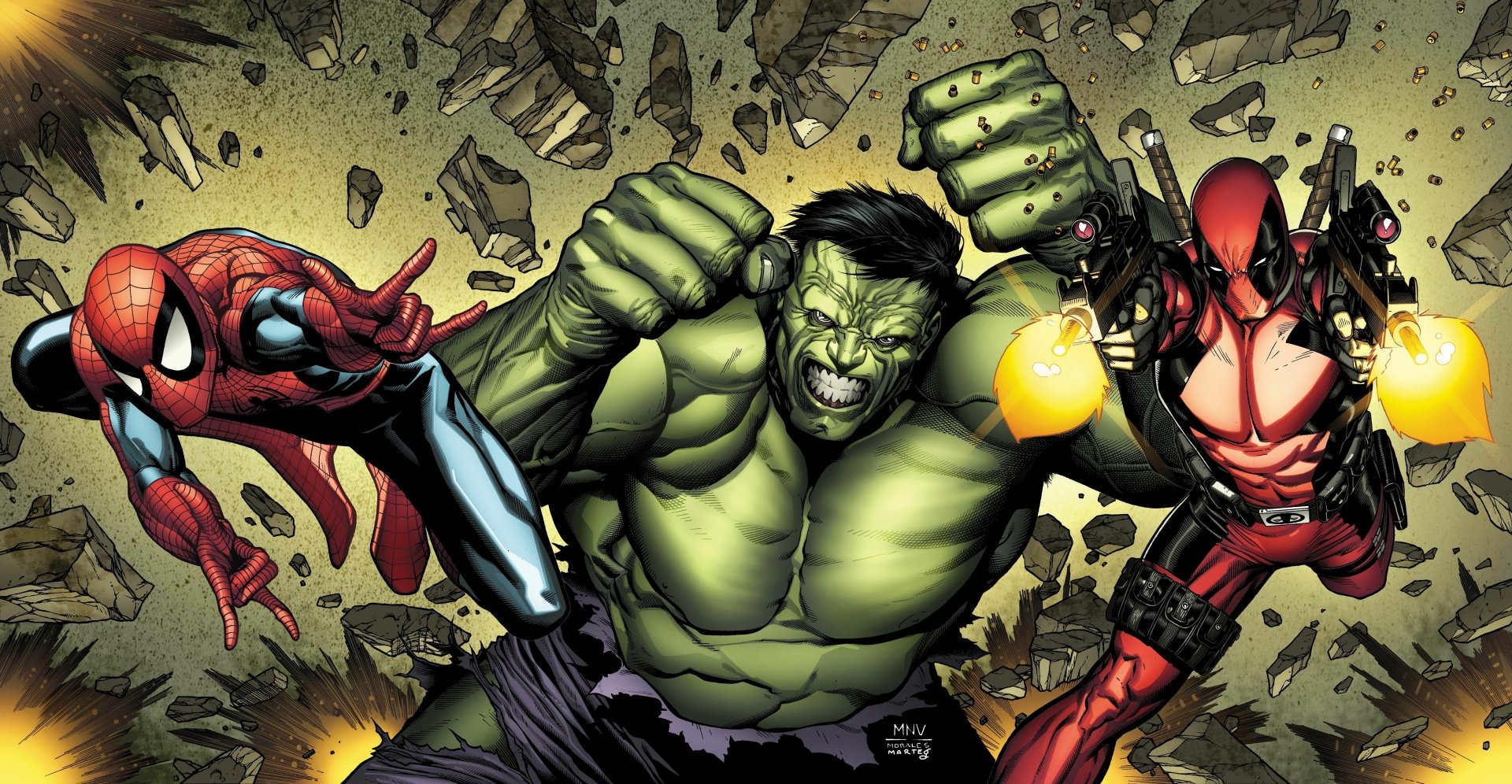 A dynamic 4K Ultra HD Marvel Comics wallpaper featuring Spider-Man (Peter Parker), Hulk, and Deadpool in action-packed poses.