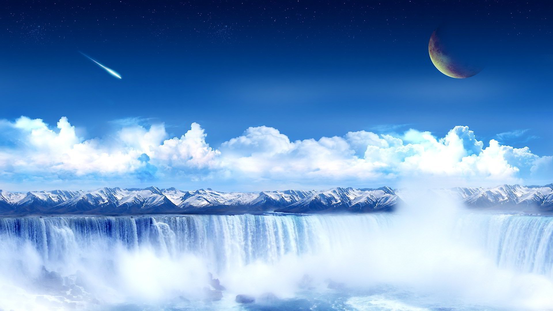 HD PC desktop wallpaper showcasing a sci-fi landscape with a vast waterfall, misty clouds, distant mountain range, a glowing crescent planet, and a shooting star in a blue sky.