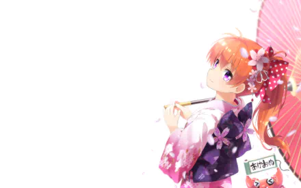 HD anime desktop wallpaper featuring a character from Monthly Girls’ Nozaki-kun wearing a traditional kimono with floral patterns and a large bow in her hair.