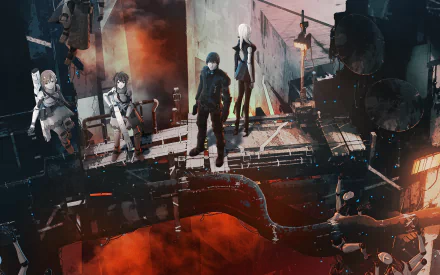 HD desktop wallpaper featuring characters from the movie Blame! standing on a futuristic industrial bridge surrounded by a dramatic red-orange atmosphere.