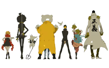 HD desktop wallpaper featuring anime characters Saldeath, Bepo, Brook, and Trafalgar Law from One Piece, standing in a row with minimalistic background.