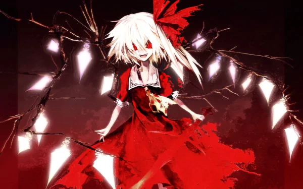 HD desktop wallpaper featuring Flandre Scarlet from Touhou with short hair and a dark, blood-themed background.