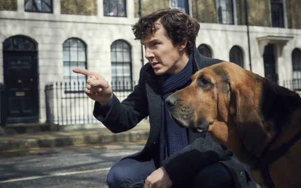 HD desktop wallpaper featuring Benedict Cumberbatch as Sherlock Holmes from the TV series Sherlock, pointing while kneeling beside a large dog on a city street.
