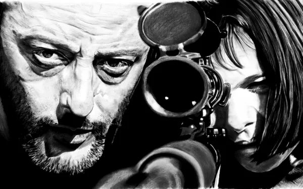 A striking HD wallpaper featuring Jean Reno and Natalie Portman from the movie Léon: The Professional, showcasing their intense focus as a sniper duo.