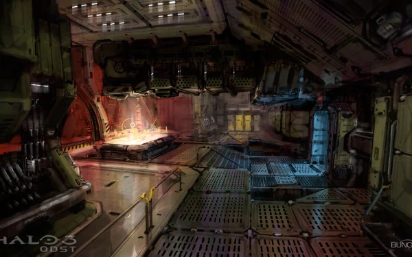 Halo 3: ODST video game HD PC desktop wallpaper/background — dimly lit sci‑fi ship interior with grated floor, consoles, and warm central light casting shadows.