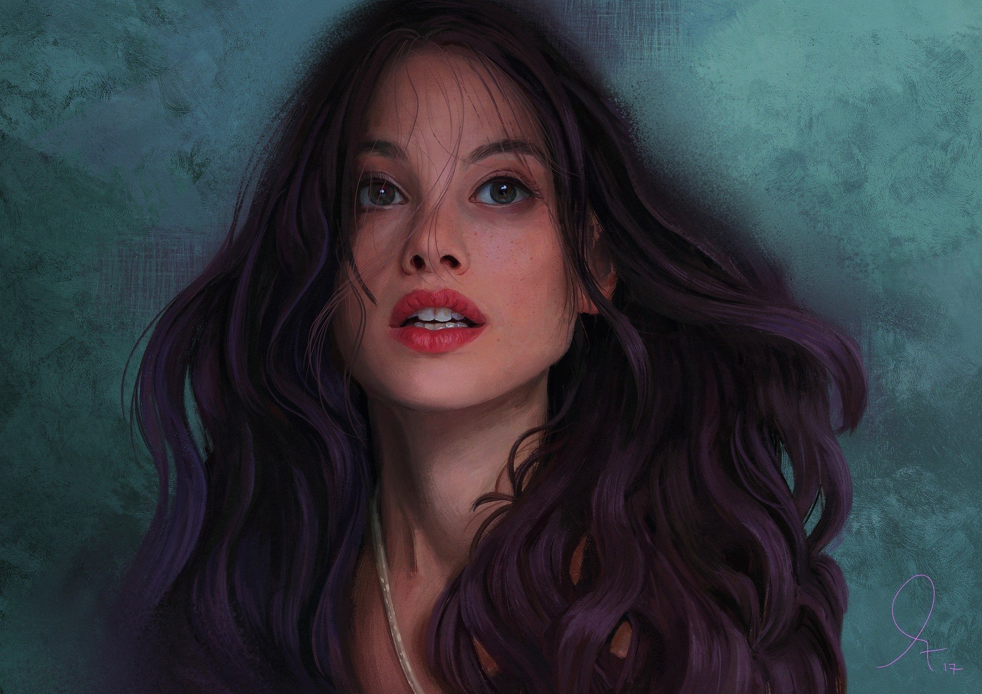 Artistic HD painting of Astrid Bergès-Frisbey with flowing brunette hair and a captivating face, set against a textured teal background.