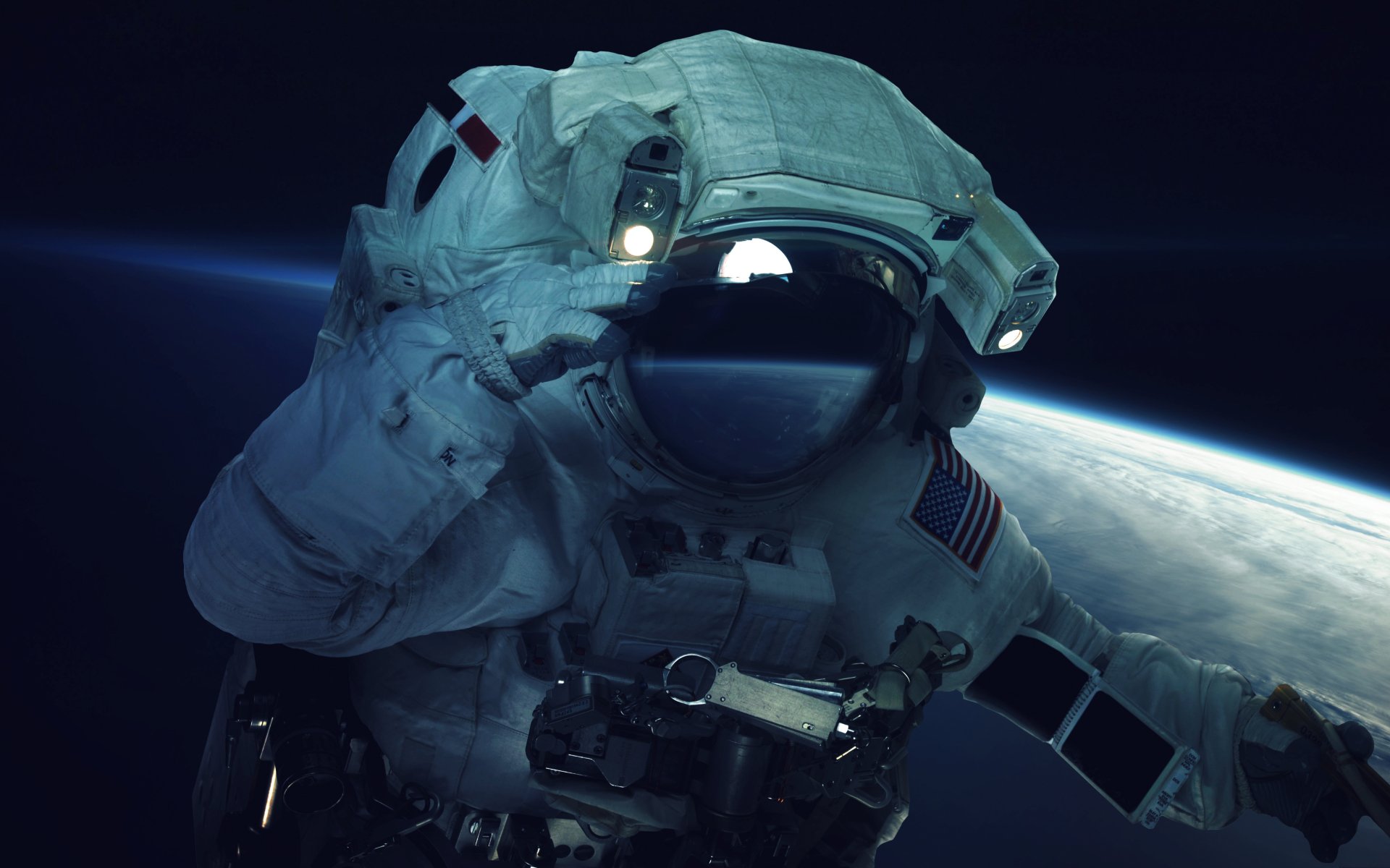 4K Ultra HD sci-fi wallpaper featuring an astronaut floating in space with Earth and a distant celestial backdrop.