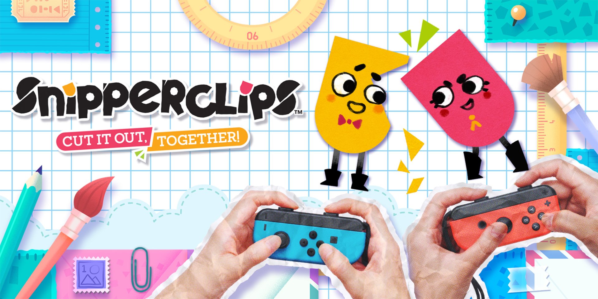 HD desktop wallpaper of Snipperclips game with cartoon characters and hands holding Nintendo Switch controllers.