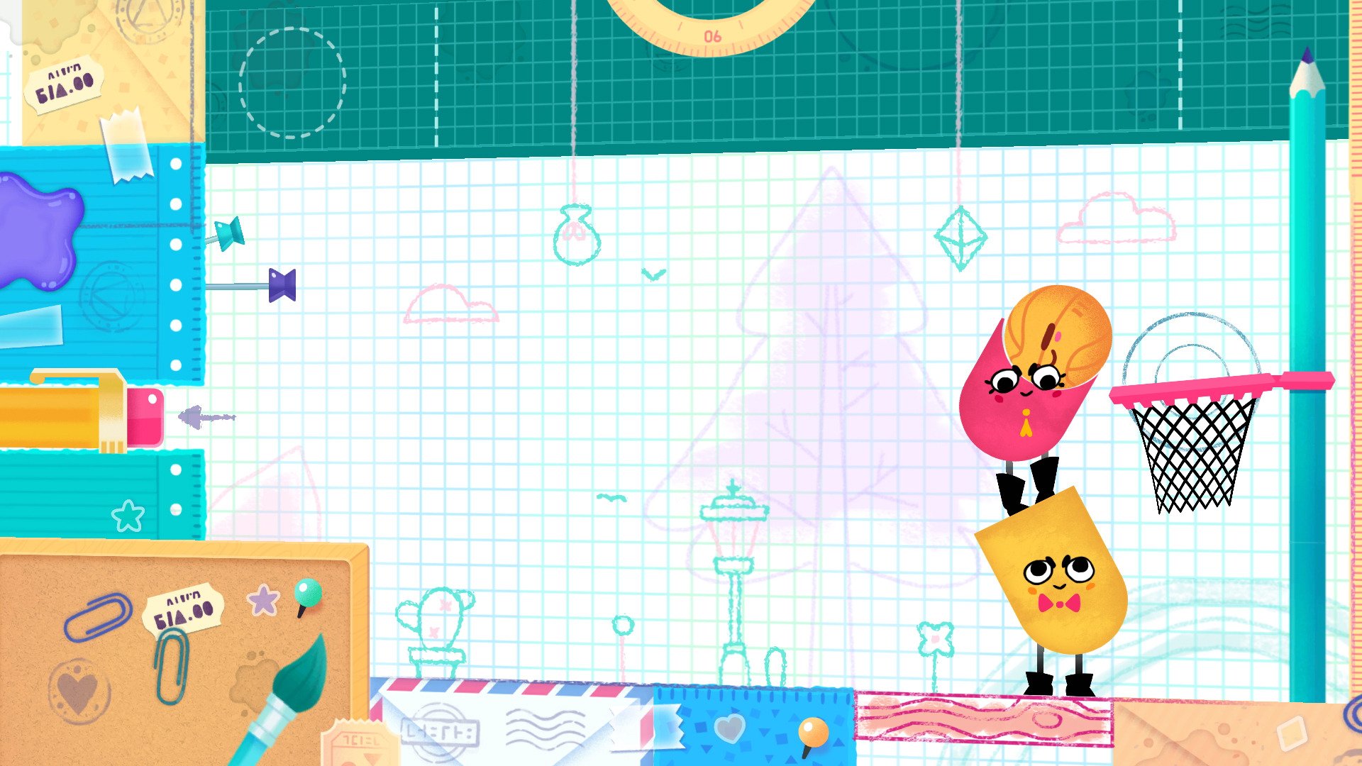 HD desktop wallpaper from Snipperclips showing two animated characters on a colorful, graph paper-styled background.