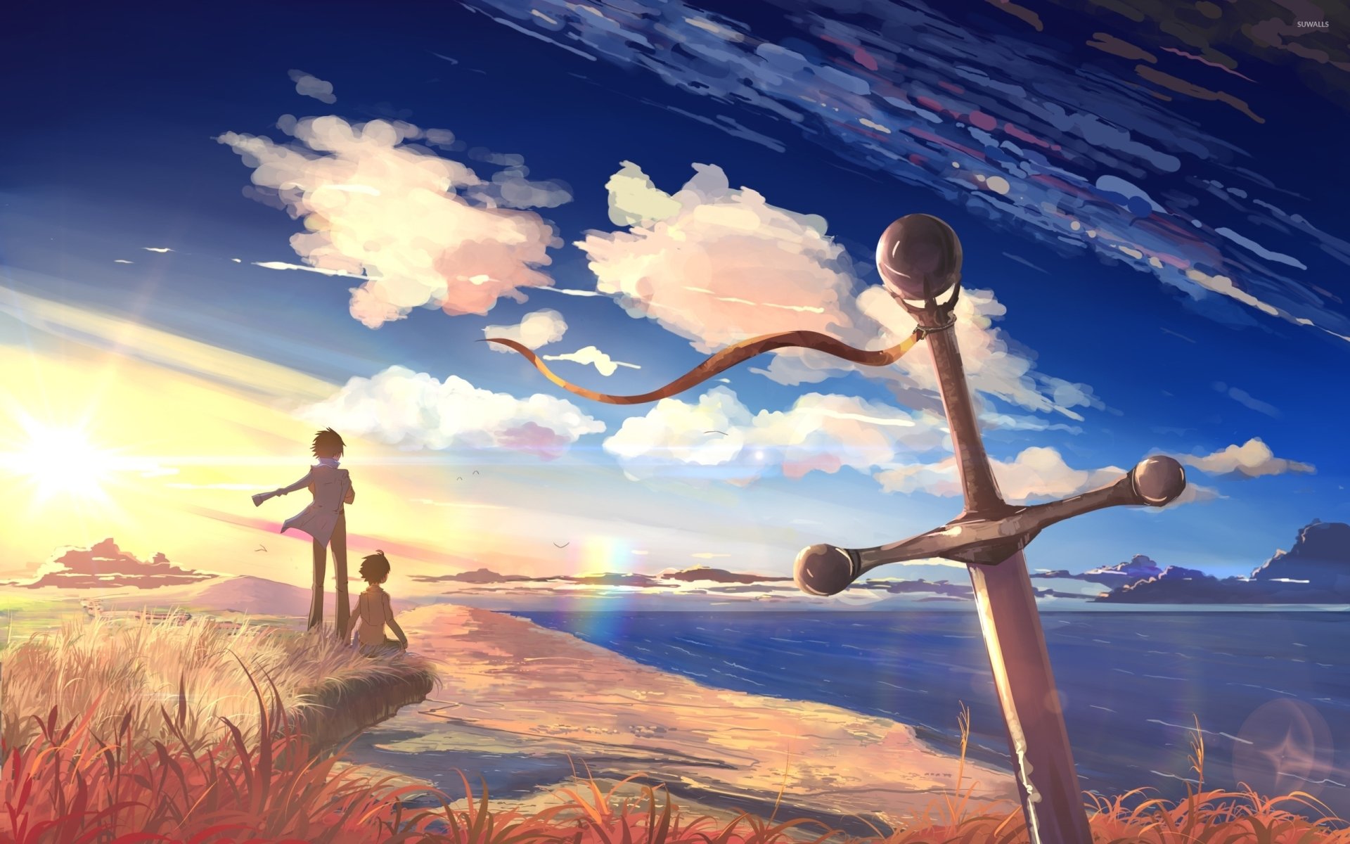 Anime landscape from 5 Centimeters per Second showing a sword planted in the ground near the ocean horizon, with two figures on a grassy cliff under a vibrant cloud-filled sky.