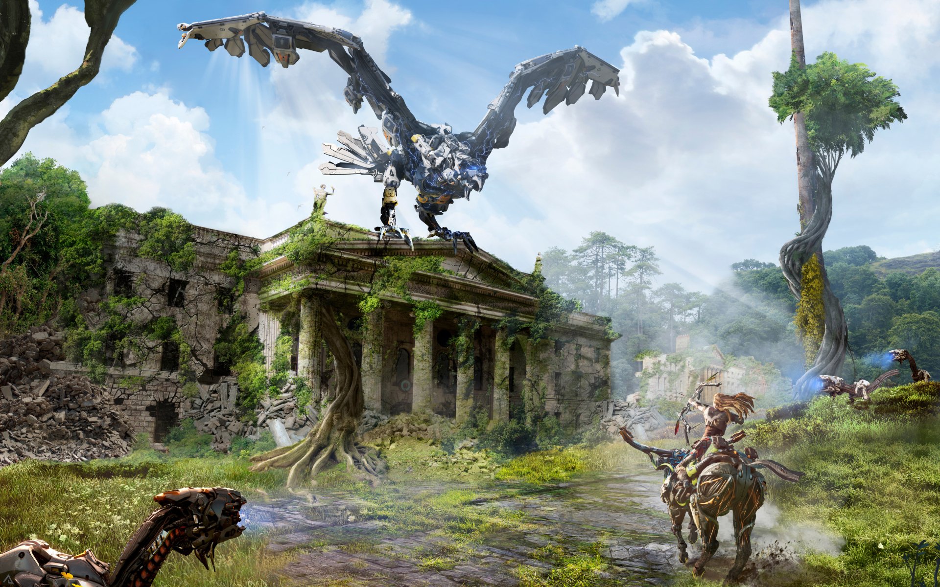 HD desktop wallpaper featuring Aloy from the Horizon series, set in a lush, ancient ruin. A large mechanical bird soars above, showcasing the game's blend of nature and machine from Horizon Zero Dawn.