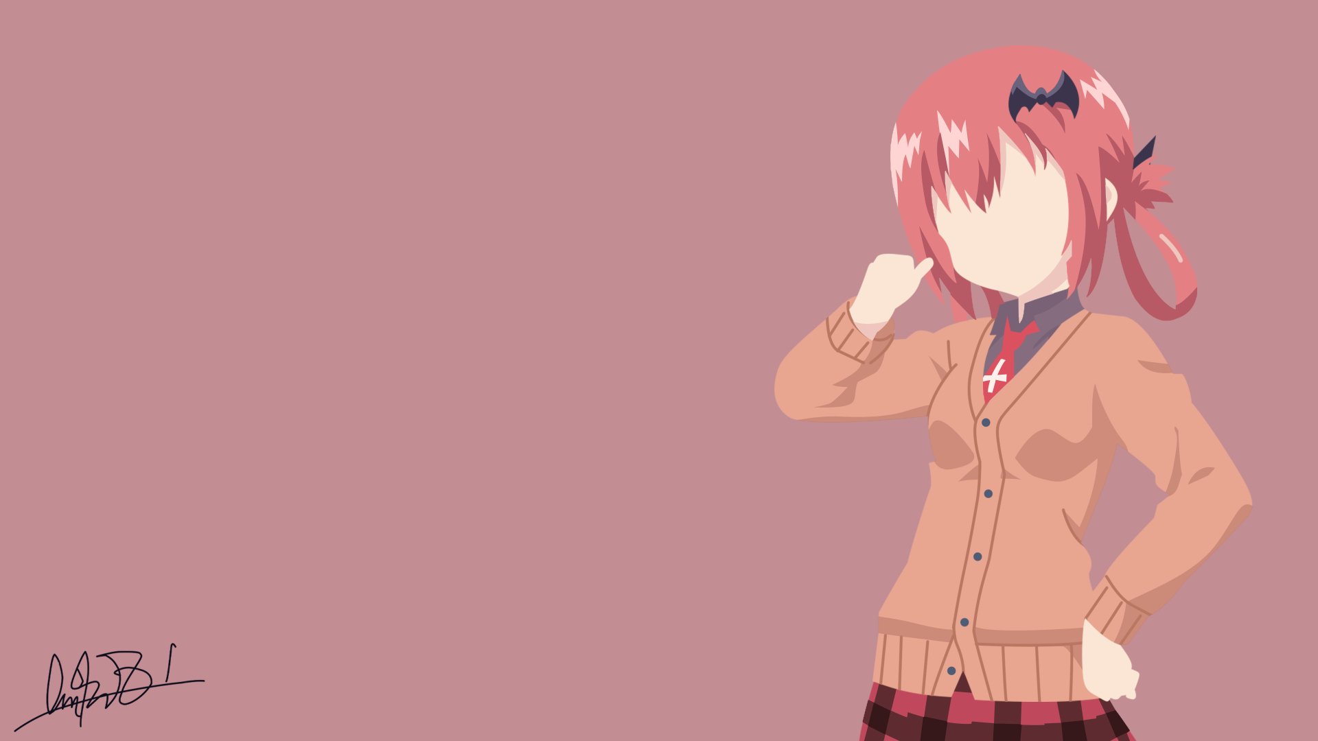 4K Ultra HD anime wallpaper of Satanichia Kurumizawa McDowell from Gabriel DropOut, featuring her in a school uniform against a solid muted pink background.