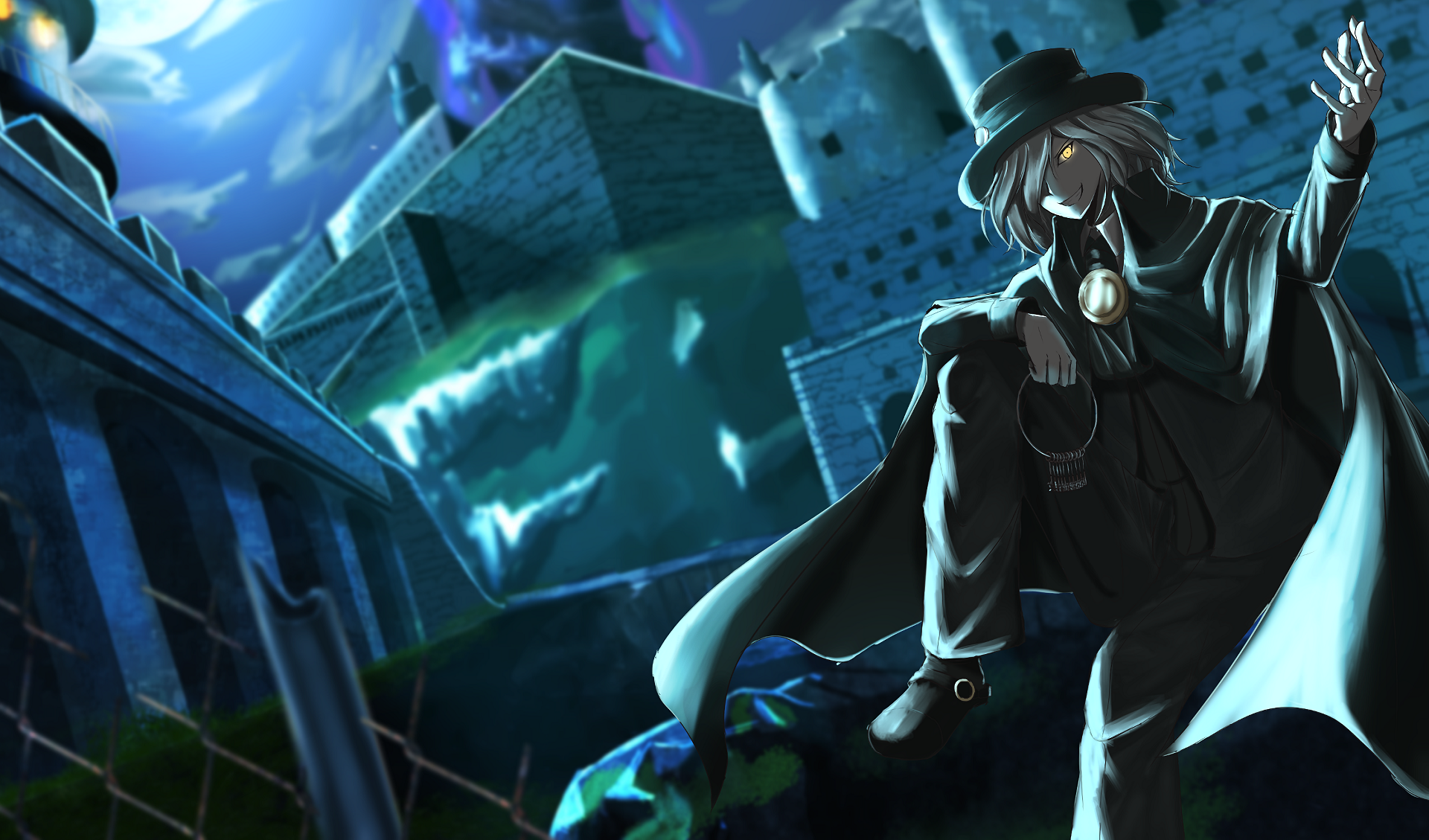 HD PC desktop wallpaper featuring a mysterious character from the anime Fate/Grand Order with a dark, atmospheric cityscape under a glowing moon.
