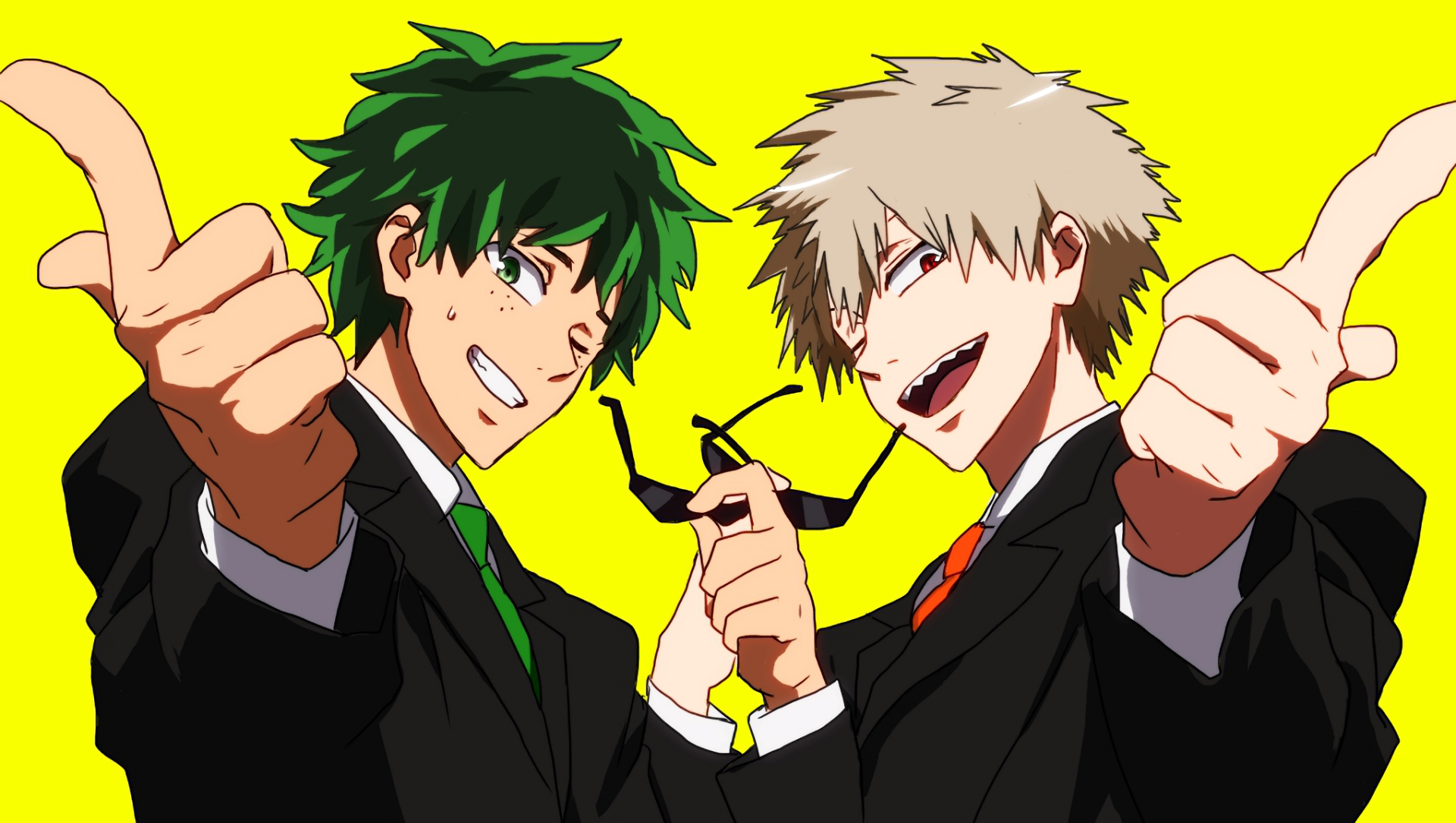 HD PC desktop wallpaper featuring Katsuki Bakugou and Izuku Midoriya from My Hero Academia, both dressed in suits against a bright yellow background.