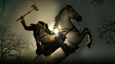 HD desktop wallpaper featuring the headless horseman on a rearing horse, inspired by the Sleepy Hollow TV show with a dark, eerie atmosphere.