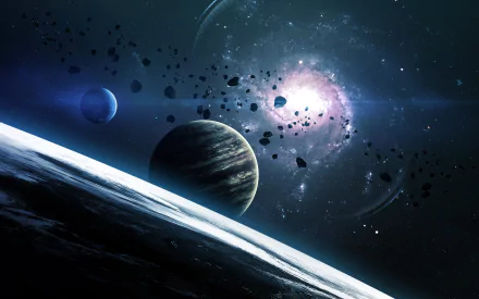 A vivid 4K Ultra HD sci-fi desktop wallpaper showcasing a distant planet, its moons, and an asteroid belt against a glowing cosmic background.