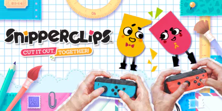 HD desktop wallpaper of Snipperclips game with cartoon characters and hands holding Nintendo Switch controllers.