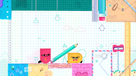 HD desktop wallpaper featuring characters from Snipperclips set against a vibrant, graph-paper-styled background.