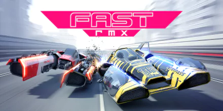 HD wallpaper of the racing game Fast RMX, showcasing futuristic vehicles speeding on a blurred track.