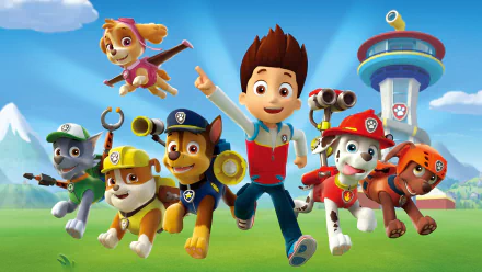 Colorful HD wallpaper featuring characters from the cartoon TV show Paw Patrol, showcasing a young boy and various playful dogs in a vibrant landscape.