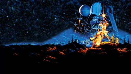 HD desktop wallpaper featuring Star Wars Episode IV: A New Hope with Luke Skywalker, R2-D2, C-3PO, Princess Leia Organa, Darth Vader, and the Death Star against a starry background.