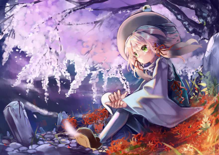 HD desktop wallpaper featuring Suwako Moriya from Touhou. She has blonde short hair, green eyes, and wears a hat, sitting among blossoms in an enchanting scene.
