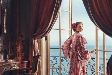 Actress Natalie Portman in a pink dress stands by a window overlooking the sea, creating an elegant HD desktop wallpaper with rich curtains and classic decor.