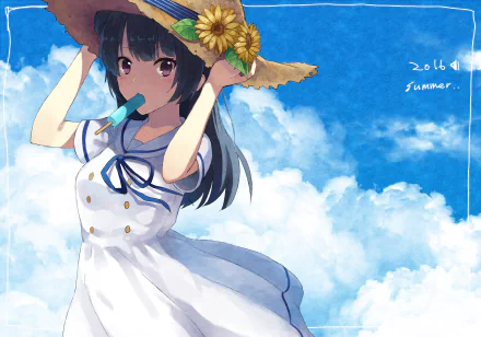 HD PC wallpaper featuring Yoshiko Tsushima from the anime Love Live! Sunshine!! wearing a white dress and sunflower hat against a bright blue summer sky.