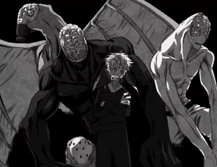 HD anime wallpaper featuring Tomura Shigaraki and two Noumu from My Hero Academia in a dark, intense black-and-white style.