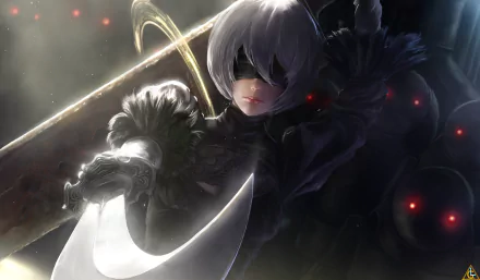 HD desktop wallpaper featuring YoRHa No.2 Type B from NieR: Automata, blindfolded with short white hair, wielding a sword against a dynamic background.