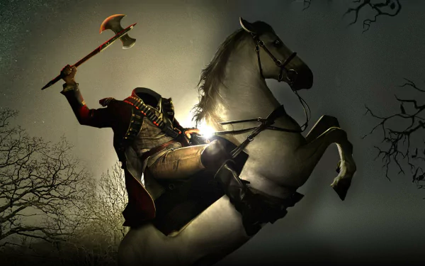 HD desktop wallpaper featuring the headless horseman on a rearing horse, inspired by the Sleepy Hollow TV show with a dark, eerie atmosphere.