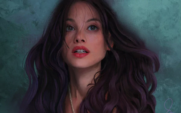 Artistic HD painting of Astrid Bergès-Frisbey with flowing brunette hair and a captivating face, set against a textured teal background.