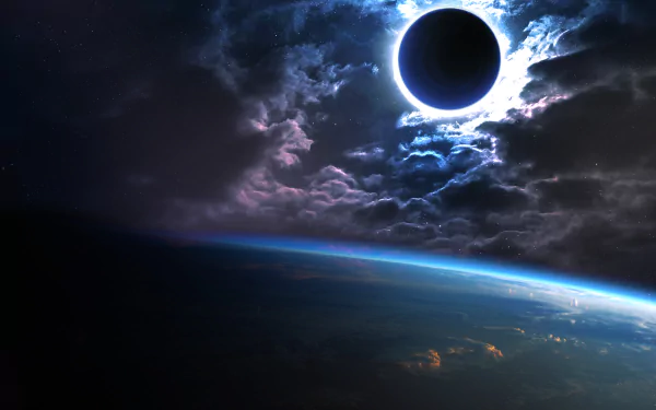 HD Sci-Fi desktop wallpaper featuring a dramatic black hole above a planet, with a backdrop of swirling, ethereal clouds and deep space.
