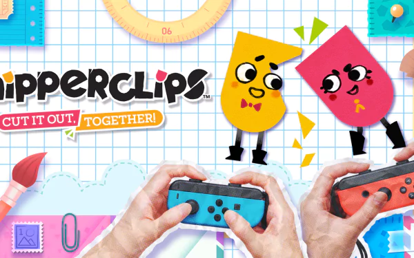 HD desktop wallpaper of Snipperclips game with cartoon characters and hands holding Nintendo Switch controllers.