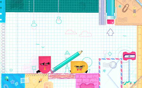 HD desktop wallpaper featuring characters from Snipperclips set against a vibrant, graph-paper-styled background.