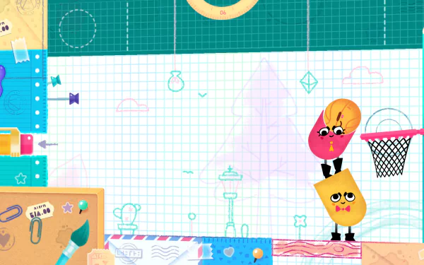 HD desktop wallpaper from Snipperclips showing two animated characters on a colorful, graph paper-styled background.