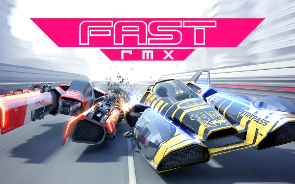 HD wallpaper of the racing game Fast RMX, showcasing futuristic vehicles speeding on a blurred track.