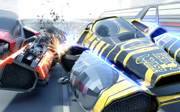 HD desktop wallpaper featuring fast-paced racing action from the game Fast RMX, with futuristic vehicles competing on a sleek track.