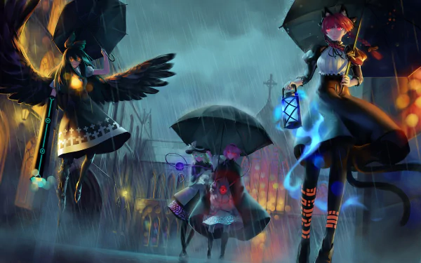 HD anime desktop wallpaper featuring Rin Kaenbyou, Utsuho Reiuji, Satori Komeiji, and Koishi Komeiji from Touhou in a moody, rain-soaked scene.