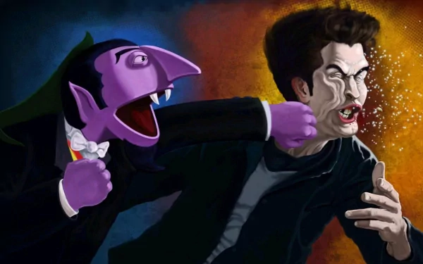 Funny HD desktop wallpaper of Sesame Street's Count punching Edward Cullen mockingly.