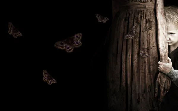 HD desktop wallpaper from the movie Mama, depicting a child clinging to a figure in a tattered dress with moths floating against a dark background.